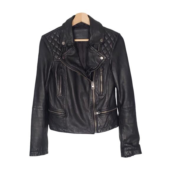 AllSaints Conroy Quilted Leather Zip Biker Jacket Black Asymmetric Size 4 - Picture 4 of 11